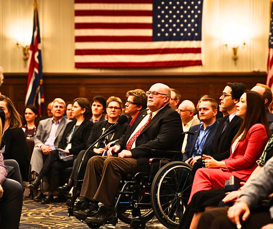 Government meeting with diverse attendees including individuals in wheelchairs, with American flag backdrop